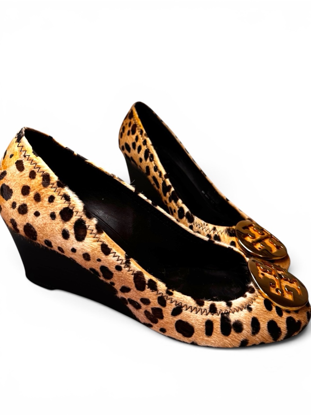 Tory Burch Sally Leopard Print Calf Hair Gold Logo Wedge Pumps Shoes 7.5M